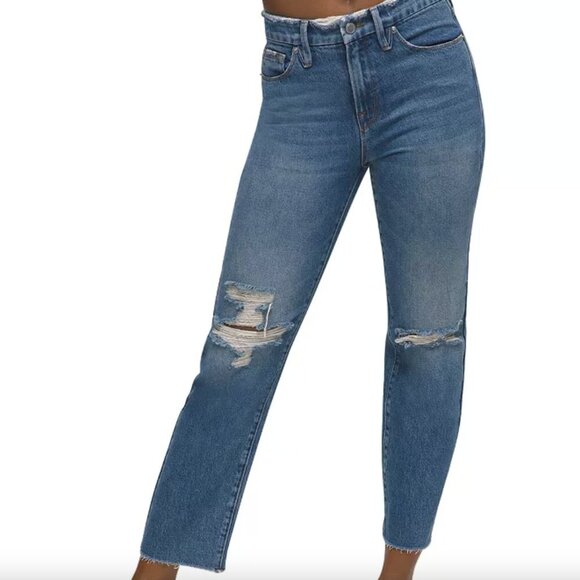 Good American Vintage Ripped Ankle Straight Leg Fray Hem Jeans In Blue537 - Picture 1 of 16